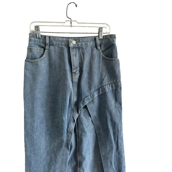 Micas Women's Large Light Blue Wash Slit Denim Pocket Cotton Blend Midi Skirt - Picture 5 of 12